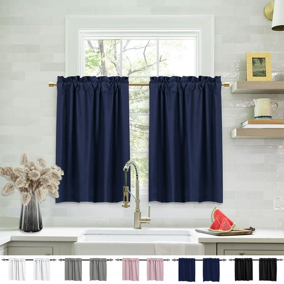 DONGPAI 2 Panels Blackout Kitchen Curtains, Rod Pocket 36 inch Short Curtains Cafe Curtains Bathroom Window Curtains, Navy Blue