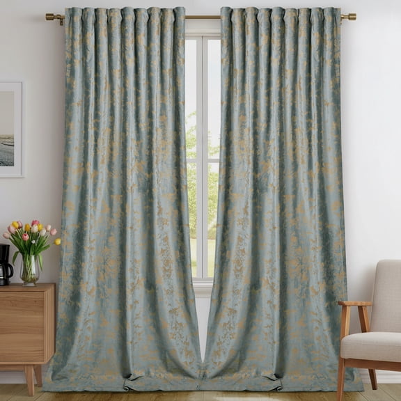 DONGPAI 2 Panels Luxury Velvet Gold Print Blackout Curtains, Thermal Insulated Light Blocking Curtain with Multi-functional Heading for Living Room Bedroom, Light Gray, 52"x 84"