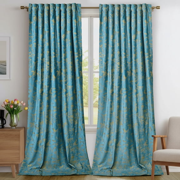 DONGPAI 2 Panels Luxury Velvet Gold Print Blackout Curtains, Thermal Insulated Light Blocking Curtain with Multi-functional Heading for Living Room Bedroom, Teal Blue, 52"x 84"