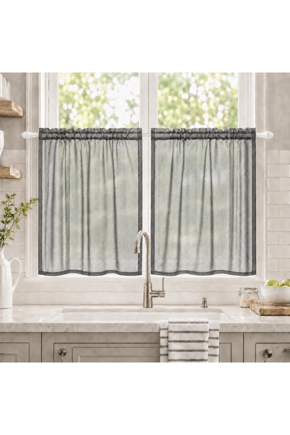 2 Panels Water Repellent Sheer Kitchen Curtains 24 Inch Length for Kitchen Bathroom, Linen Textured Short Sheer Cafe Curtain, Light Filtering Voile for Small Window (33" x 24", Dark Gray)
