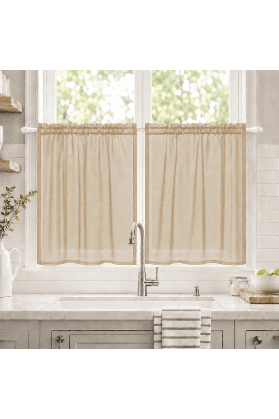 2 Panels Water Repellent Sheer Kitchen Curtains 24 Inch Length for Kitchen Bathroom, Linen Textured Short Sheer Cafe Curtain Tiers, Light Filtering Voile for Small Window (33" x 24", Khaki)