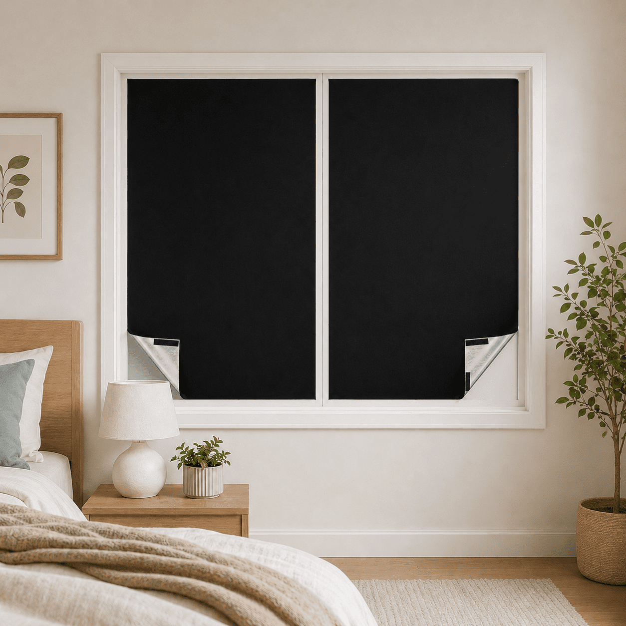 DONGPAI Blackout Curtains Portable No Drill Window Blinds, 100% Light Blocking Temporary Window Cover for Travel, Baby Nursery, Bedroom and RV Skylight, DIY Cut to Size, Reusable Hook and Loop, Black