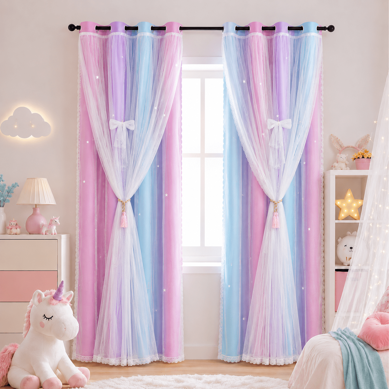 DONGPAI Blackout Stars Curtains for Kids Girls Bedroom Double Layers Star Cut Out Rainbow Curtains Home Window Decoration Curtain, 51" x 63", 1 Panel