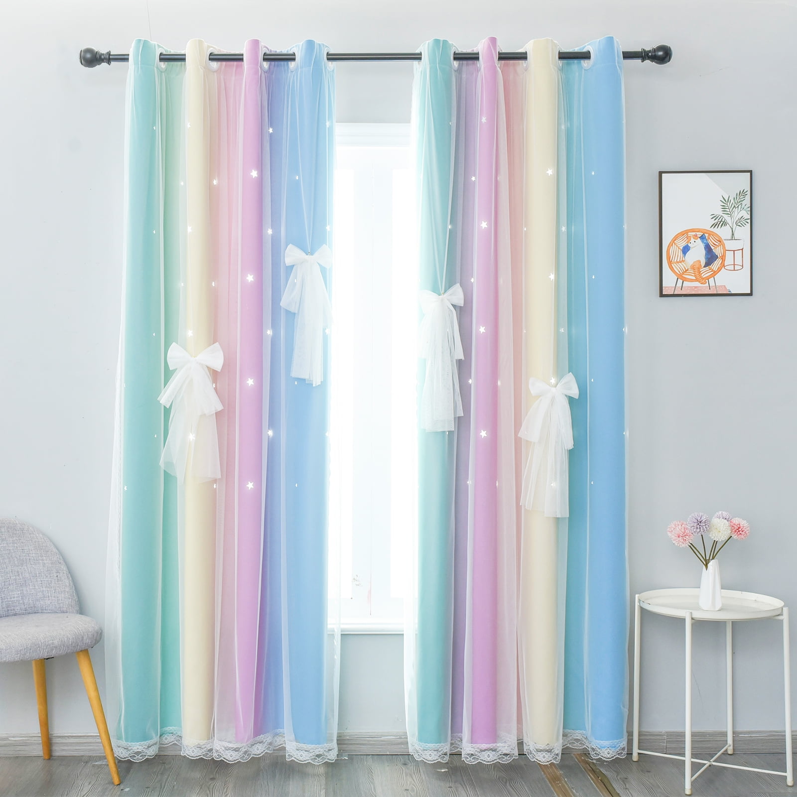 DONGPAI Blackout Stars Curtains for Kids Girls Bedroom Double Layers Star Cut Out Rainbow Curtains Home Window Decoration Curtain, 51" x 84", 1 Panel
