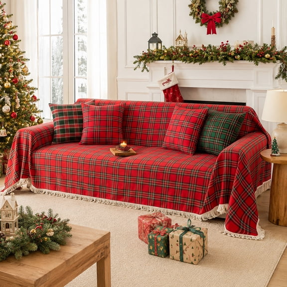 DONGPAI Christmas Plaid Sofa Blanket Cover with Tassels, Soft Holiday Throw Blanket for Couch, Durable Washable Furniture Protector Slipcover, Festive Sofa Cover for Pets Dogs, 71''x 90'', Red