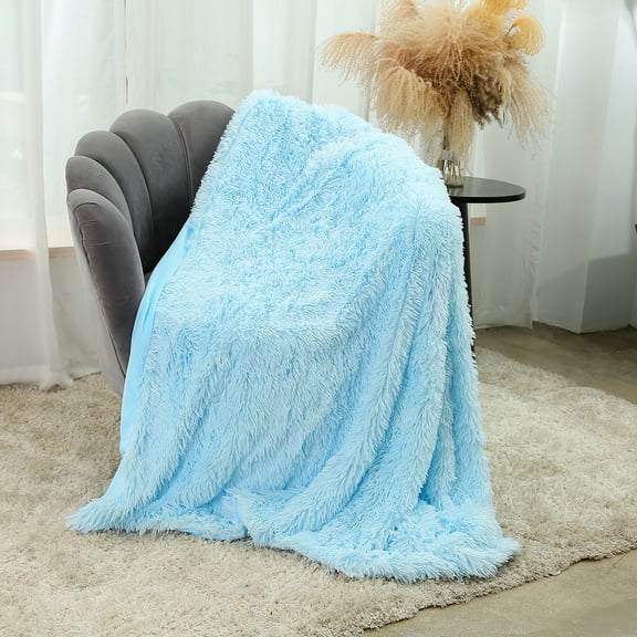 DONGPAI Decorative Soft Fluffy Faux Fur Throw Blanket, Long Shaggy Cozy Furry Blanket Comfy Flannel Fuzzy Blanket for Bedroom Sofa Couch, 31''x 47'', Blue
