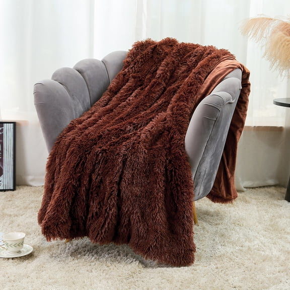 DONGPAI Decorative Soft Fluffy Faux Fur Throw Blanket, Long Shaggy Cozy Furry Blanket Comfy Flannel Fuzzy Blanket for Bedroom Sofa Couch, 31''x 47'', Brown