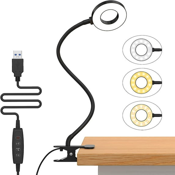 DONGPAI Desk Lamp Clip on Lamp for Home Office 10 Dimmable Brightness 3 Light Modes Reading Lamp Flexible Gooseneck for Bed Headboard, Craft, Computer, Video Call