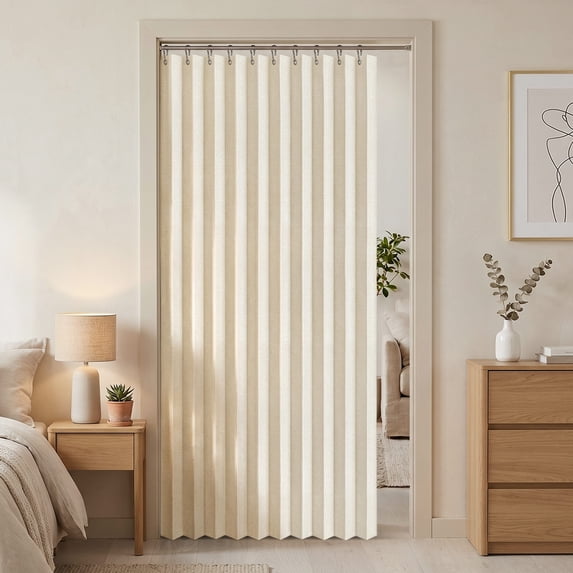 DONGPAI Door Curtain for Doorways, Light Blocking Accordion Door Privacy Room Divider for Bedroom Closet Living Room, Textured Linen Pattern Drapes with Hooks, 49" W x 79" L, Beige