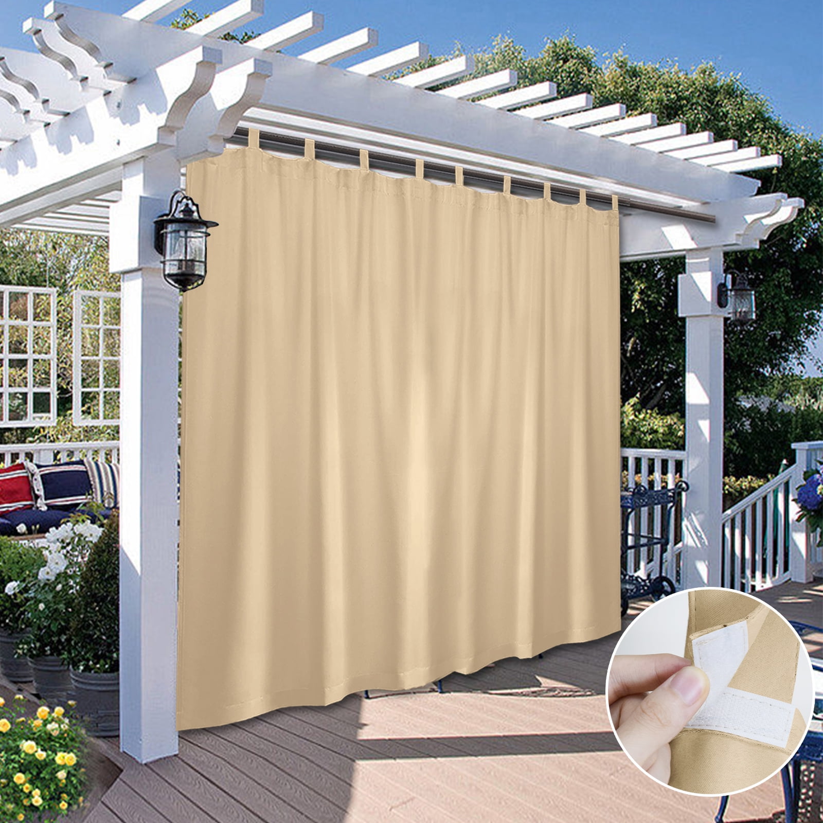 DONGPAI Extra Wide Outdoor Curtain for Patio Waterproof, Detachable Sticky Tab Top Thermal Insulated Privacy Outdoor Dividers for Porch, 1 Panel, 100''x 84'', Beige
