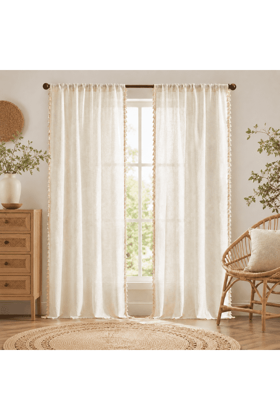Farmhouse Sheer Curtain with Tassels 96 inches Long, Boho Light Filtering Semi Sheer Cutain Rod Pocket Heading Window Drapes for Bedroom Living Room (Cream, 2 Panels)