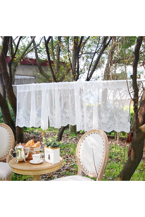 Floral Lace Short Curtains, Sheer Tier Kitchen Curtains Rod Pocket Window Sheer Valance, 1 Panel