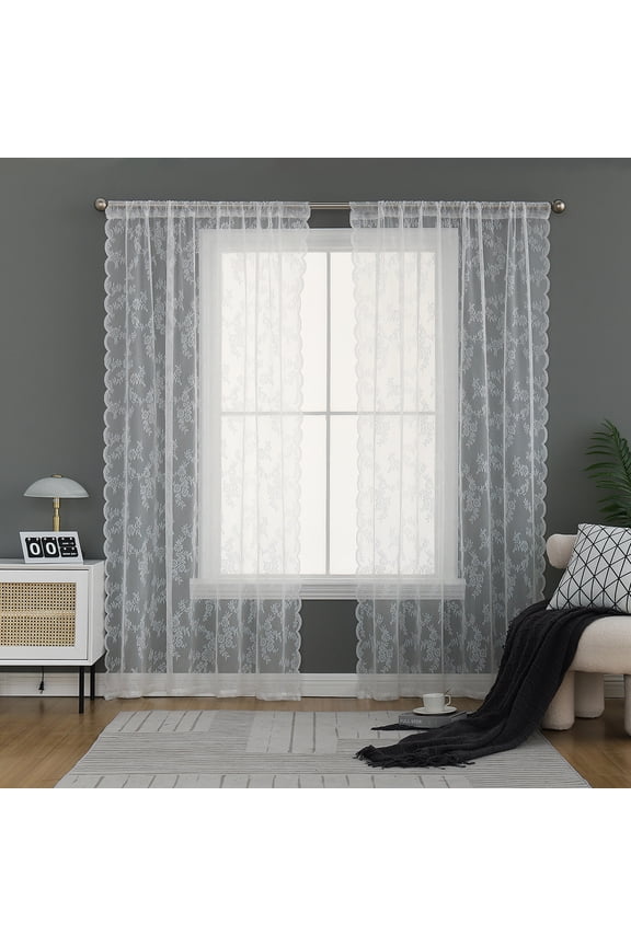 Floral Sheer Curtain Window Drapes Rod Pocket Vintage Lace Screening Curtains for Living Room Bedroom Home Decor, 1 Panel