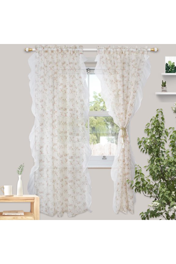 Floral Sheer Voile Curtain, Rod Pocket Rose Chiffon Screening Drapes Window Treatment for Living room Bedroom, 1 Panel
