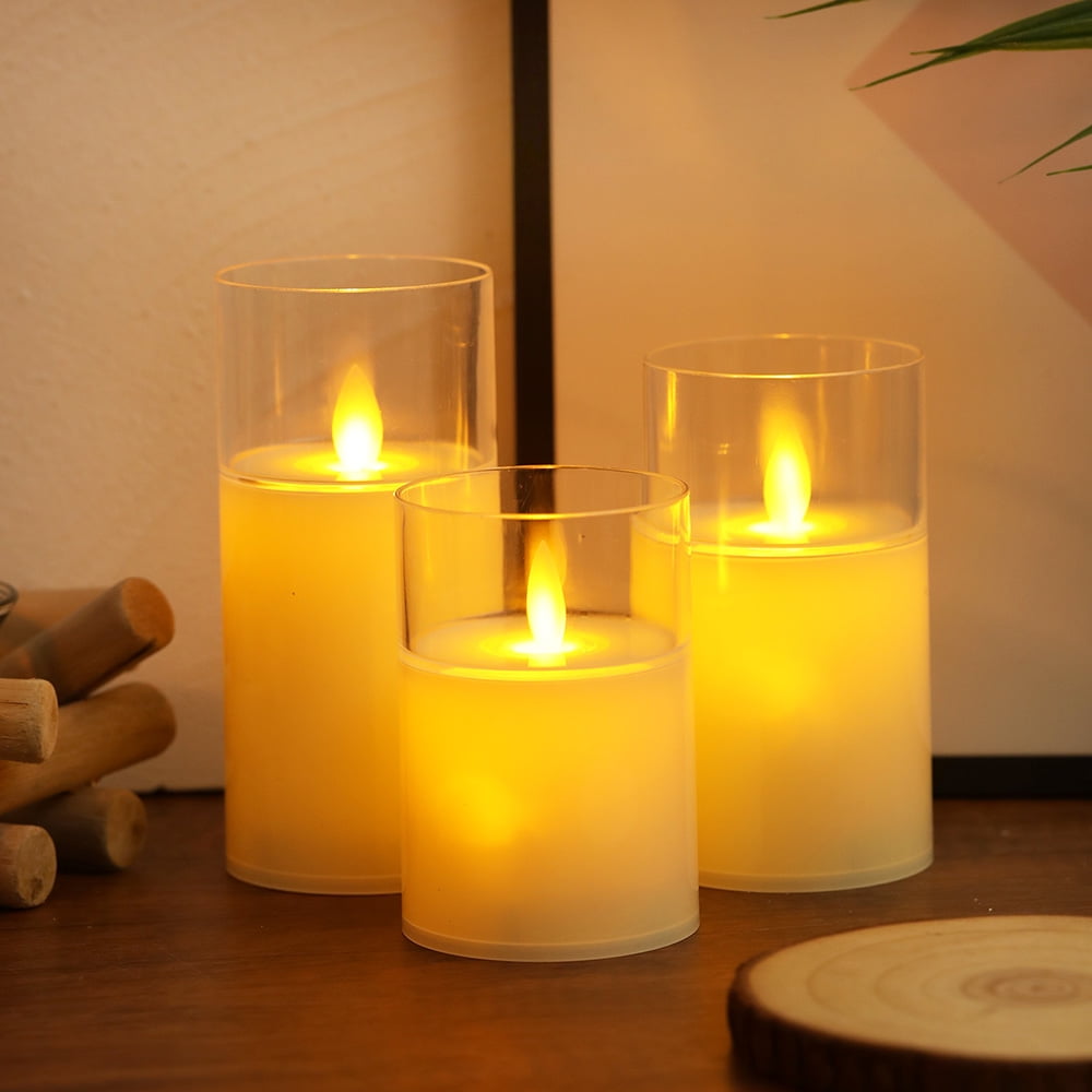 DONGPAI Glass Flameless Candles Battery Operated, LED FLameless Flickering 3D Wick Pillar Candles for Festival Wedding Christmas Home Party Decor, 3 Pack