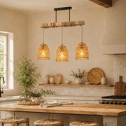 DONGPAI Kitchen Island Light Fixtures, 3-Light Farmhouse Wood Linear Chandelier with Rattan Shade, Height Adjustable Pendant Lights Kitchen Island for Bar Restaurant Dining Room