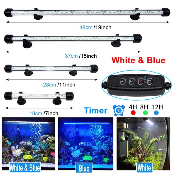 DONGPAI LED Aquarium Light, Submersible Fish Tank Light with Timer 3 Light Modes Dimmable White & Blue LED Light Bar Stick