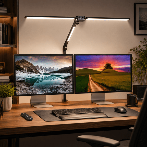 DONGPAI LED Desk Lamp with Clamp, 30" Double Head Desk Light, 24W Architect Lamp with Remote Control, 4 Color Modes, 5 Brightness Levels, Memory Timer, Adjustable Clip Lamp for Home Office, Reading