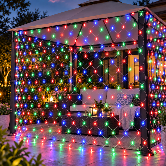 DONGPAI LED Net Lights Outdoor Waterproof, 8 Modes Connectable Mesh String Lights with Tail Plug, Plug in Fairy Net Bush Lights for Christmas Tree, Hedge, Patio, Holiday Party Decor, Multicolor