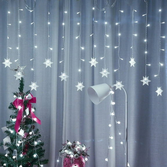 DONGPAI LED Snowflake Window Curtain String Lights, 96 LED Memory 8 Modes Flashing Window Hanging Lights, Waterproof Xmas Fairy Light Outdoor Party Home Decor