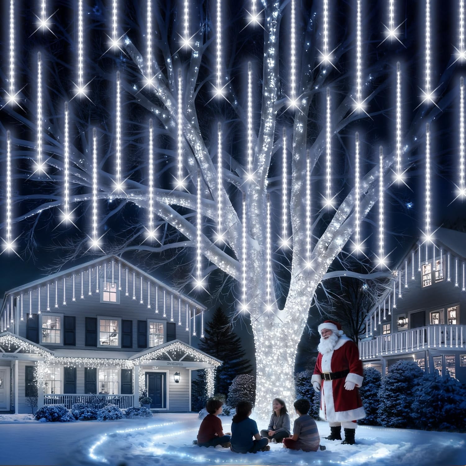 DONGPAI Meteor Shower Lights Outdoor, 11.8 Inch 8 Tube Icicle Lights, Waterproof Meteor Christmas Lights Outdoor, Hanging Falling Rain Lights for Xmas Tree Outside Holiday Decoration