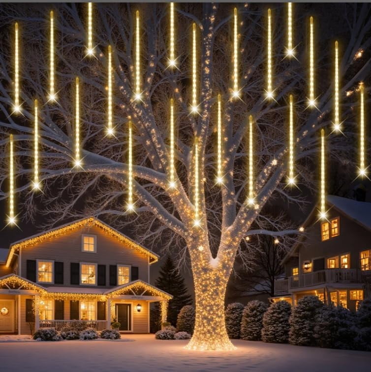 DONGPAI Meteor Shower Lights Outdoor, 11.8 Inch 8 Tube Icicle Lights, Waterproof Meteor Christmas Lights Outdoor, Hanging Falling Rain Lights for Xmas Tree Outside Holiday Decoration