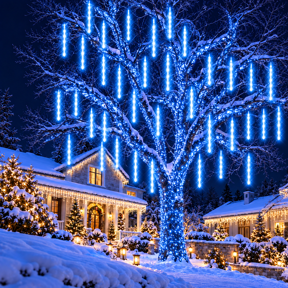DONGPAI Meteor Shower Lights Outdoor, 11.8 Inch 8 Tube Icicle Lights, Waterproof Meteor Christmas Lights Outdoor, Hanging Falling Rain Lights for Xmas Tree Outside Holiday Decoration