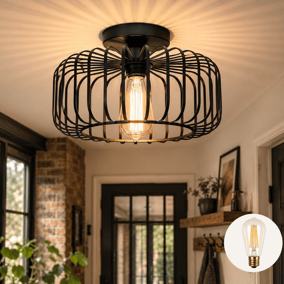 DONGPAI 11.8" Black Cage Mini Chandelier with LED Bulb, Flush Mount Ceiling Light Industrial Kitchen Light Fixtures for Hallway Bedroom Dining Room
