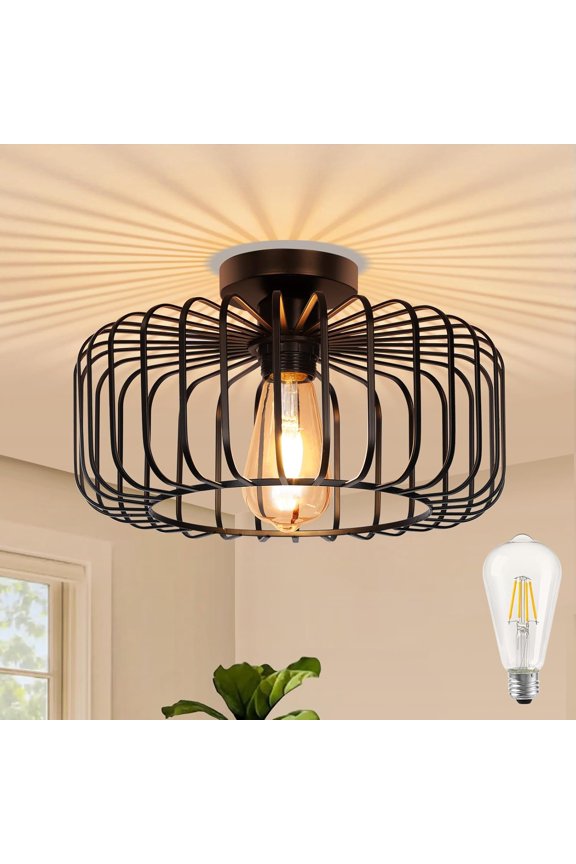 Ceiling Light Fixture with LED Bulb, 11.8" Black Flush Mount Ceiling Light, Industrial Kitchen Lighting Fixtures Ceiling for Hallway Bedroom Farmhouse, Round Metal