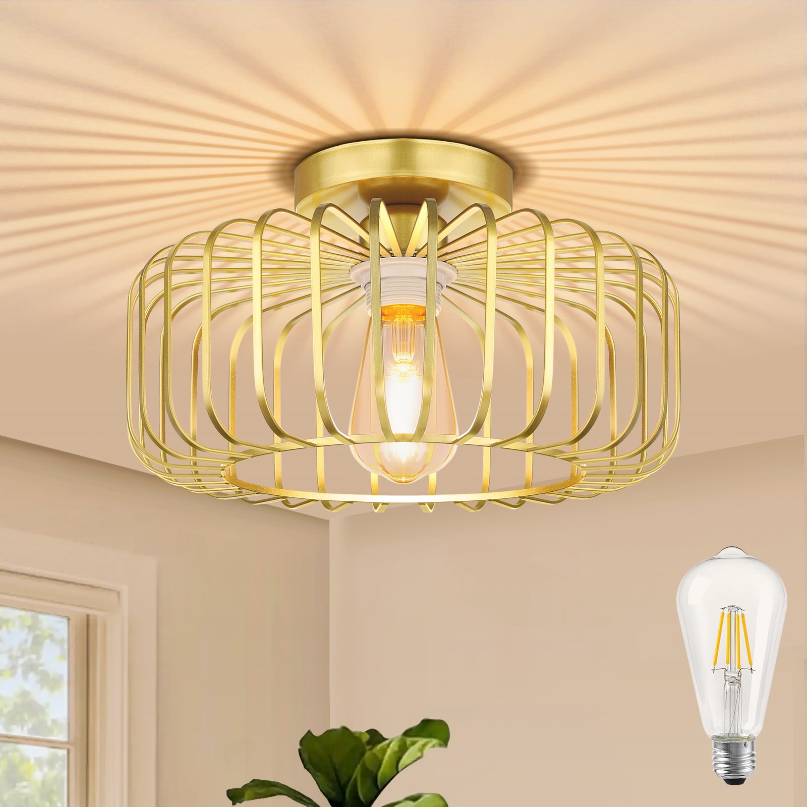 DONGPAI Modern Gold Flush Mount Light Fixture 11.8" Industrial Metal Cage Semi Flush Mount Ceiling Light for Hallway Living Room Kitchen Entryway Farmhouse (With Bulb)