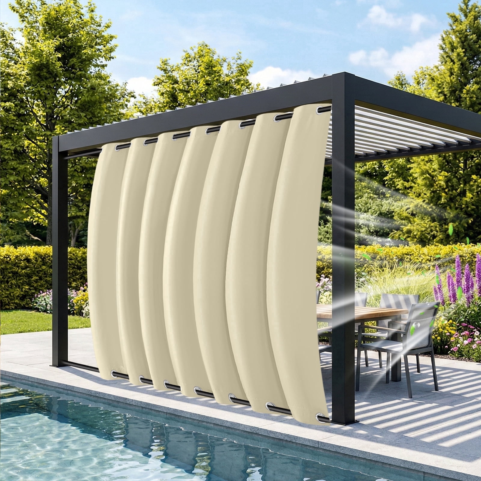 DONGPAI 100" Wide Outdoor Curtains for Patio Waterproof Blackout Privacy UV Resistant with Top and Bottom Grommet for Porch, Gazebo, Pergola, 100"x 108", Beige, 1 Panel