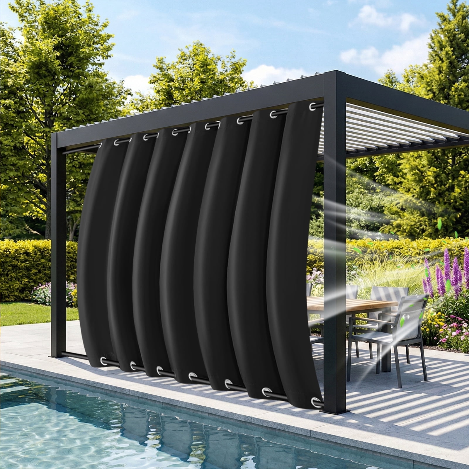 DONGPAI 100" Wide Outdoor Curtains for Patio Waterproof Blackout Privacy UV Resistant with Top and Bottom Grommet for Porch, Gazebo, Pergola, 100"x 84", Black, 1 Panel