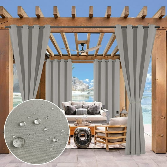 DONGPAI Outdoor Curtains for Patio 52 x 84 Inch Waterproof Grommet Light Blocking Curtain, Light Gray, 2 Panels