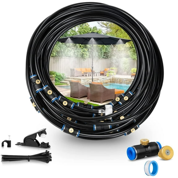 DONGPAI Outdoor Misting Cooling System, 26FT Misting Line, 7 Brass Mist Nozzles, Brass Adapter for Patio Garden Greenhouse