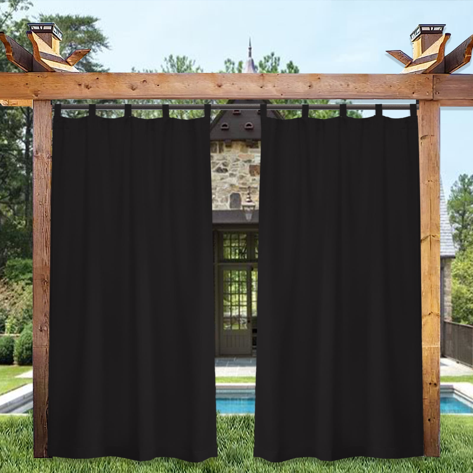 DONGPAI Outdoor Patio Curtains Waterproof 52" x 84" Blackout Tab Top Privacy Thermal Insulated Curtains for Pergola Porch, 1 Panel, Black