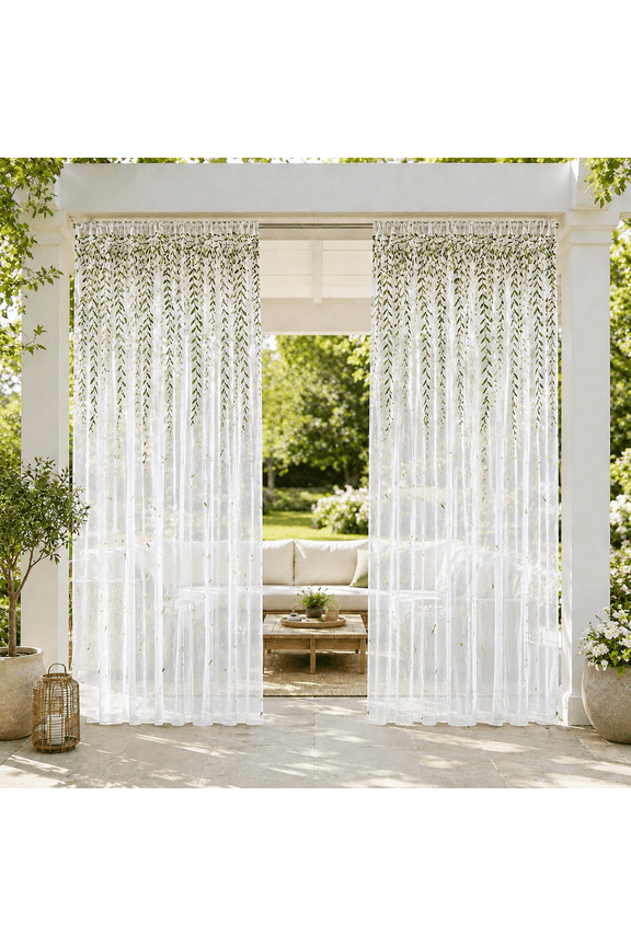 Outdoor Sheer Curtains for Patio 2 Panels Leaf Embroidered High Density Mosquito Netting Breathable Light Filtering Rod Pocket Screen Drapes for Porch Garden Pergola, White, 55" x 69"
