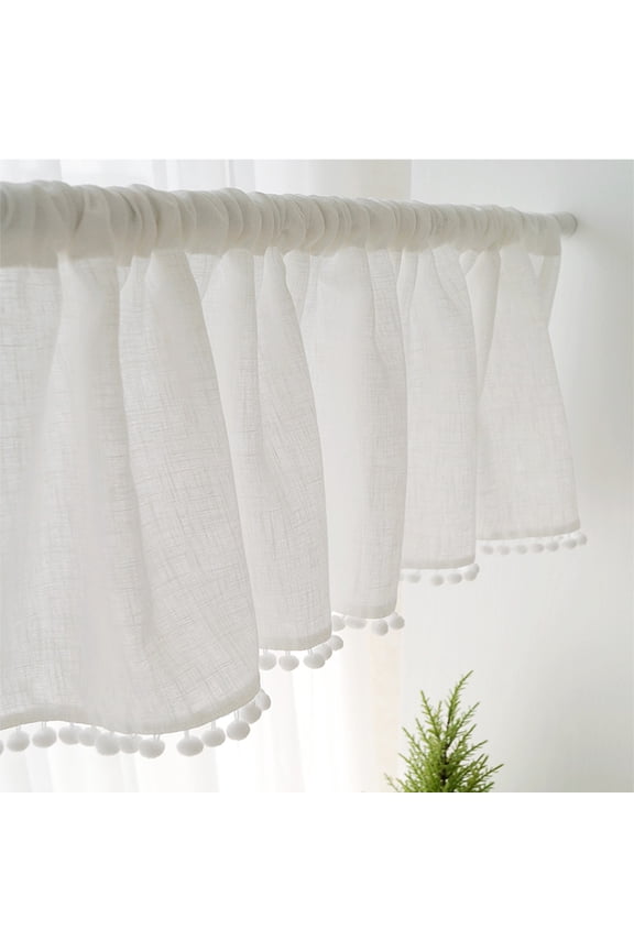 Pompom Short Curtains Linen Rod Pocket Kitchen Curtains Window Sheer Curtain for Kitchen Bedroom Home Decor, 1 Panel