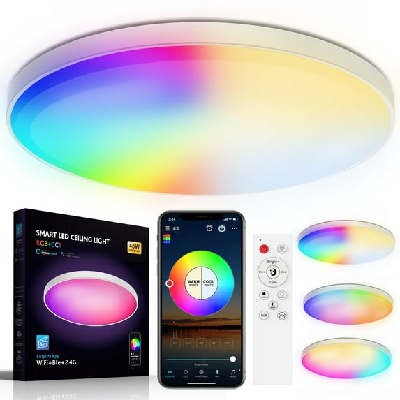 DONGPAI RGB Led Flush Mount Ceiling Light with Remote Control, 12 Inch 30W Dimmable Color Changing Light Fixture APP Remote Control Ceiling Light