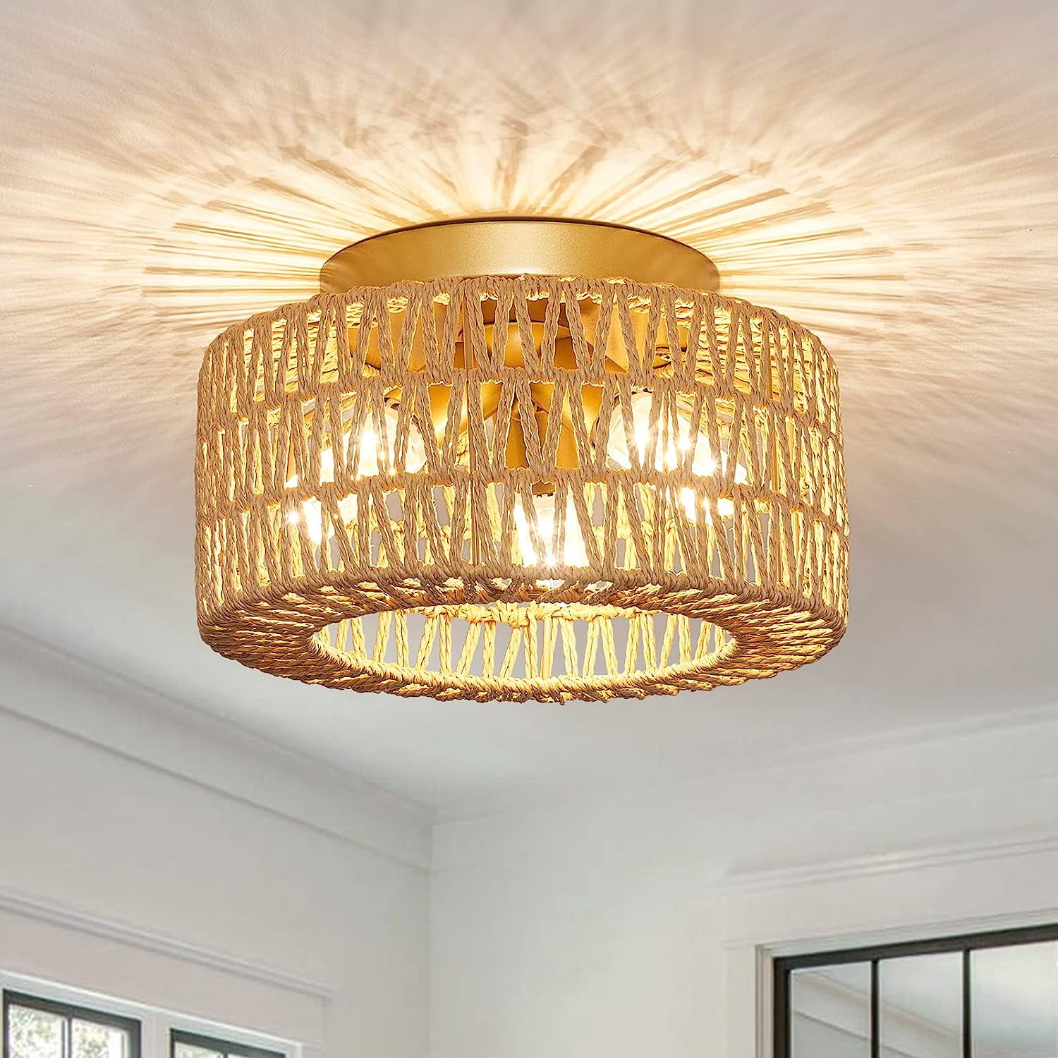 DONGPAI Rattan Ceiling Light, Boho Flush Mount Ceiling Light with LED ...