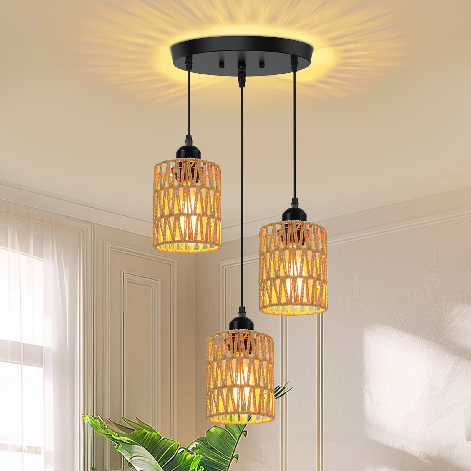 DONGPAI Rattan Farmhouse Pendant Lights for Kitchen Island, Boho Hand-Woven Lamp Shade Kitchen Hanging Lights Ceiling Light Fixture for Kitchen, Dining Room, Foyer & Entryway