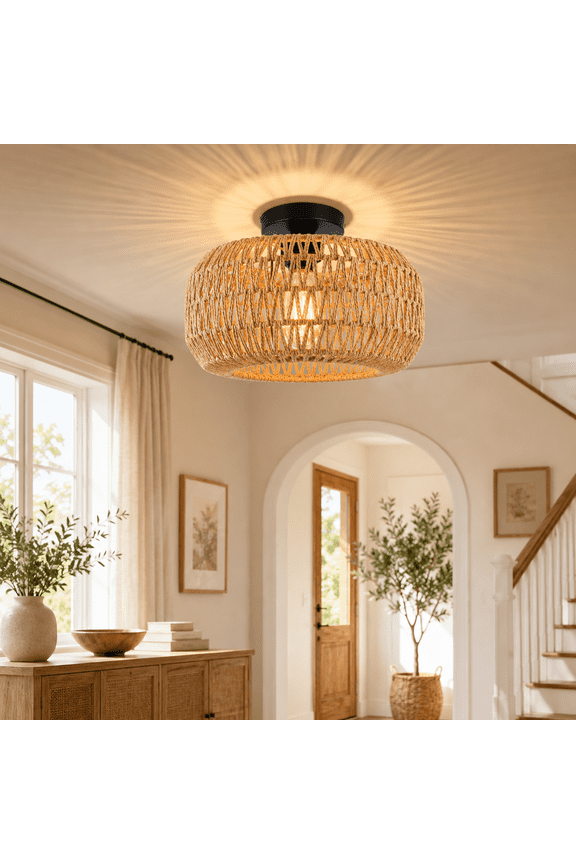 Boho Light Fixtures Ceiling Mount, 11.8" Rattan Mini Chandelier Hand Woven Wicker Semi Flush Mount Ceiling Light for Bedroom Kitchen Hallway Entryway Living Room (Bulb Included)