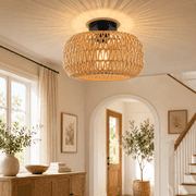 DONGPAI Boho Light Fixtures Ceiling Mount, 11.8" Rattan Mini Chandelier Hand Woven Wicker Semi Flush Mount Ceiling Light for Bedroom Kitchen Hallway Entryway Living Room Bulb Included