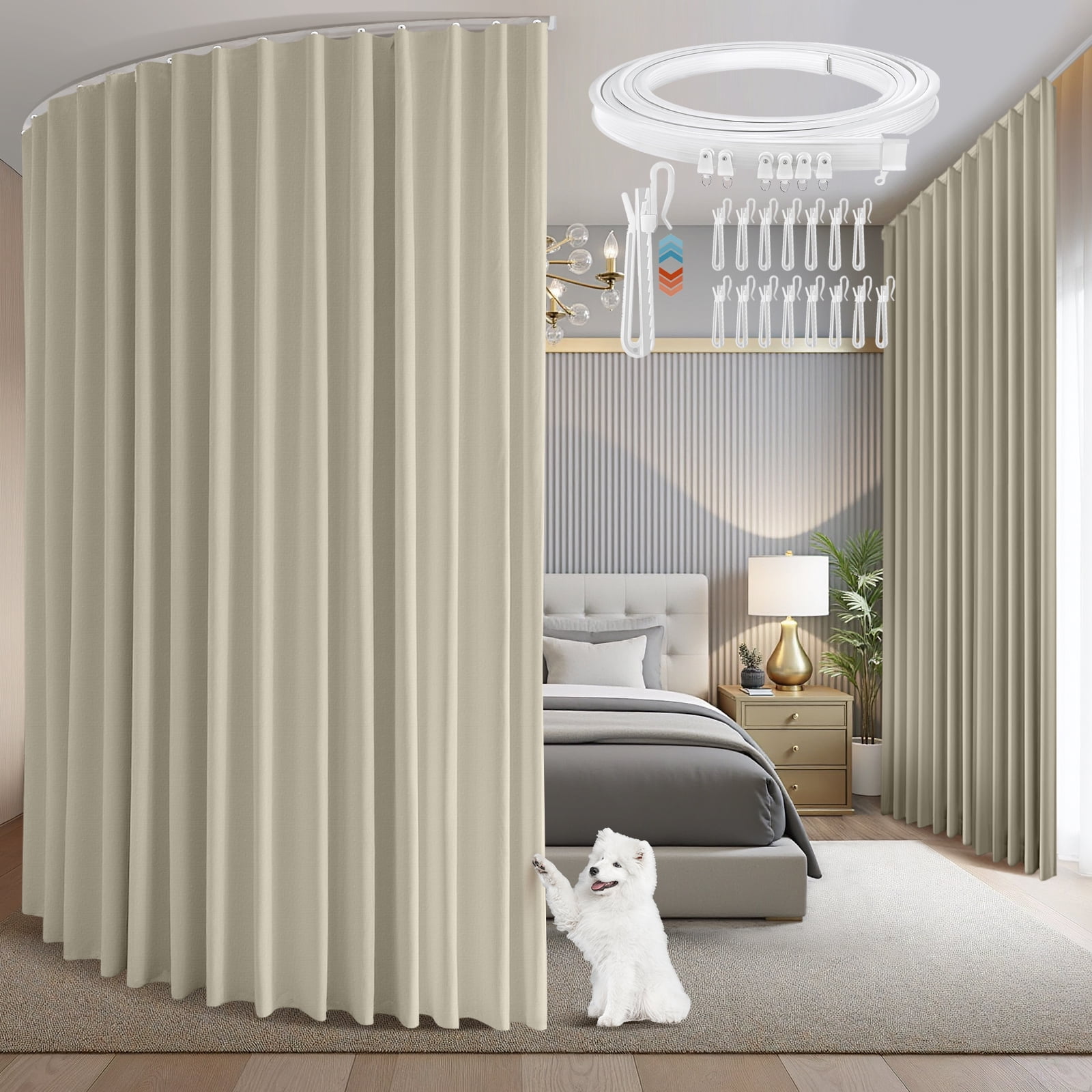 DONGPAI Room Divider Curtains Blackout Privacy Curtain Flexible Ceiling Track Thermal Insulated Noise Reduction Curtains for Living Room Bedroom Partition Separator, 1 Panel, Beige, 100"x 108"
