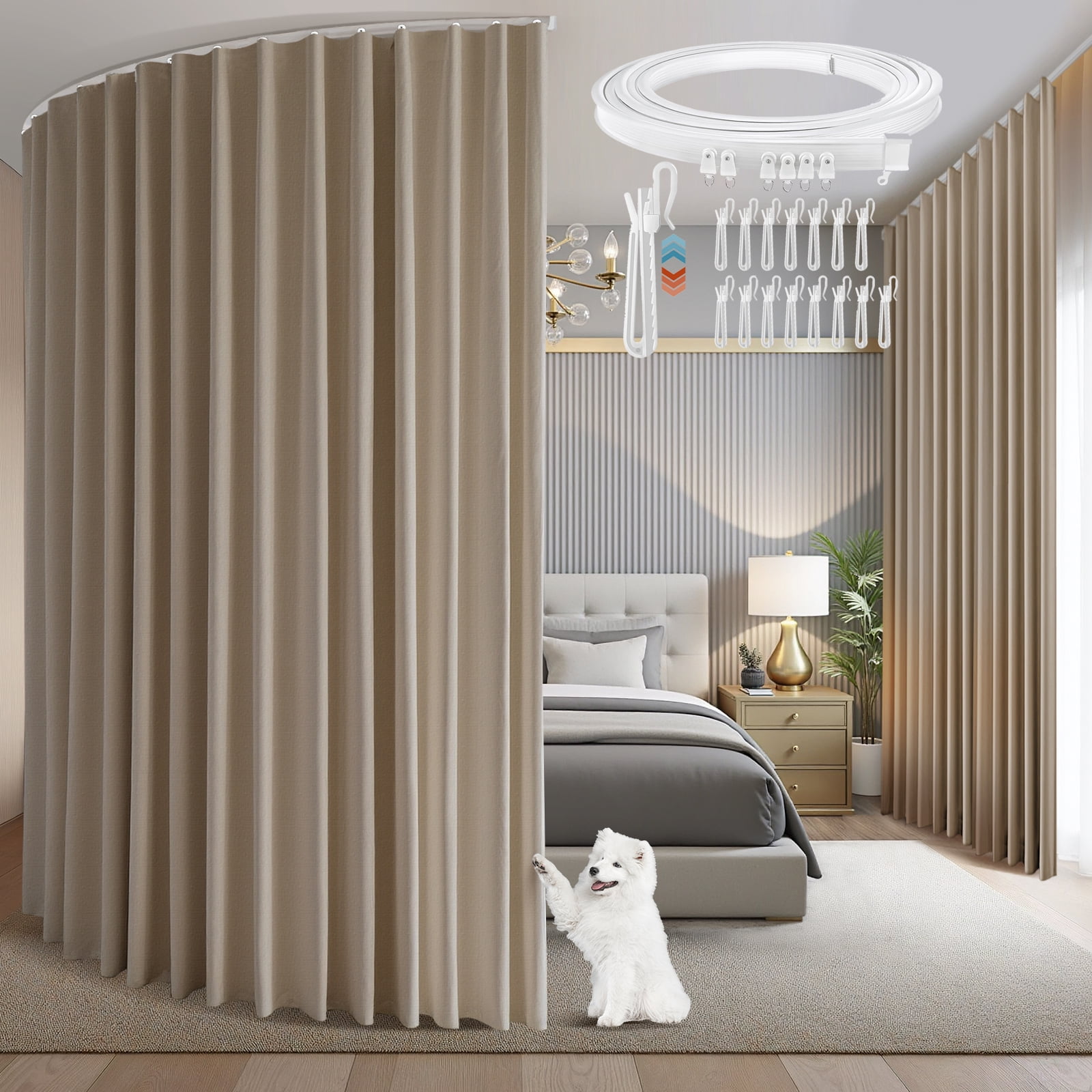 DONGPAI Room Divider Curtains Blackout Privacy Curtain Flexible Ceiling Track Thermal Insulated Noise Reduction Curtains for Living Room Bedroom Partition Separator, 1 Panel, Khaki, 100"x 96"