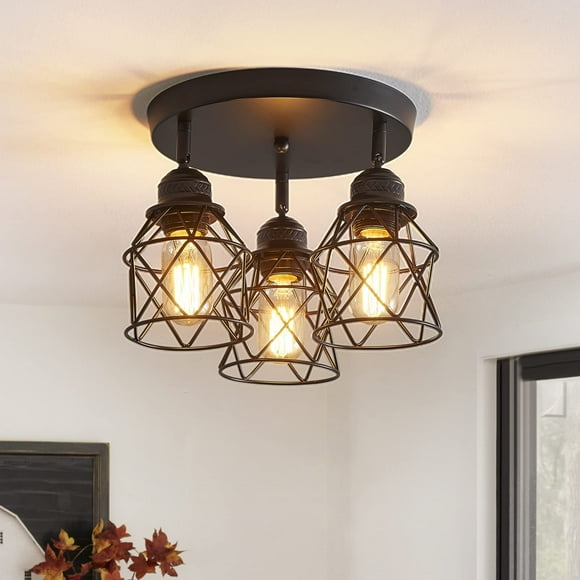 DONGPAI Semi Flush Mount Ceiling Light with E26 Base, Adjustable Multi-Directional Kitchen Ceiling Light Fixture, Farmhouse Black Metal Cage Ceiling Lamp for Dining Room Bedroom Hallway(No Bulbs)