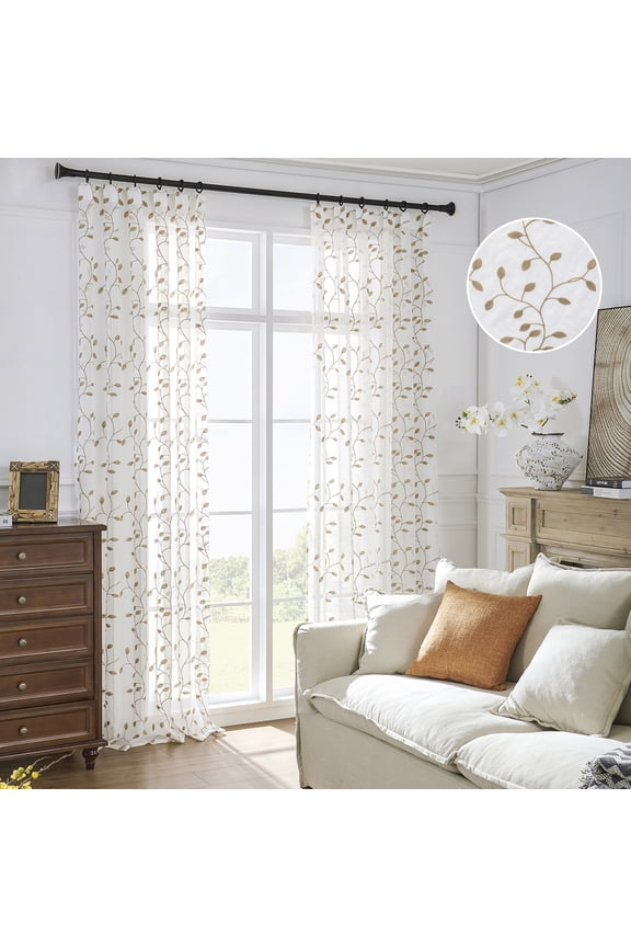 Sheer Curtains 57 Inches Long 2 Panel Set, Wrinkle Free Leaf Embroidered Curtains for Living Room Bedroom, Linen Textured Voile Window Drapes, 55 x 57 Inch, Khaki