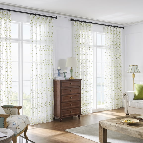 DONGPAI Sheer Curtains 84 Inches Long 2 Panel Set, Wrinkle Free Leaf Embroidered Curtains for Living Room Bedroom, Linen Textured Voile Window Drapes, 55 x 84 Inch, Green