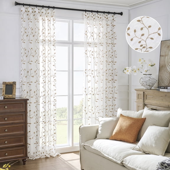 DONGPAI Sheer Curtains 84 Inches Long 2 Panel Set, Wrinkle Free Leaf Embroidered Curtains for Living Room Bedroom, Linen Textured Voile Window Drapes, 55 x 84 Inch, Khaki