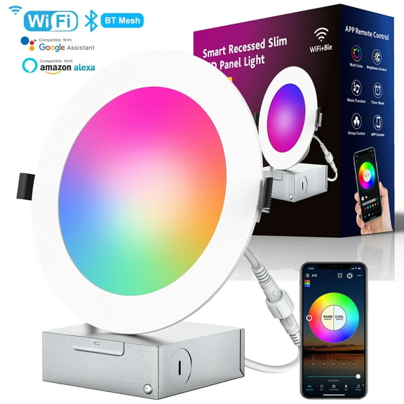 DONGPAI Smart Recessed Lighting 6 Inch, 12W RGBCW Color Changing WiFi Dimmable LED Downlight with Junction Box, Works with Alexa/Google Assistant