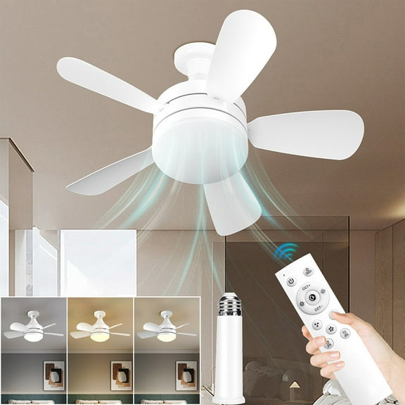 DONGPAI Socket Fan Light, Dimmable LED Ceiling Fan with Remote, 3 Colors, E27, White